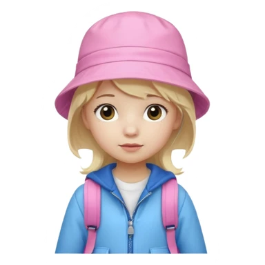 A little girl student white skin, blonde hair, with pink bucket hat, white jacket, blue backpack sticker