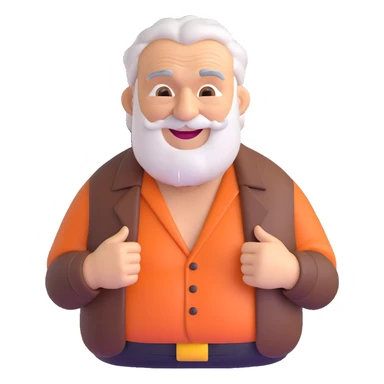 an elderly fat hairy grandpa, smiling, with thick eyebrows and chest hair showing from an open shirt, 3D emoji style sticker