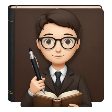 writer holding big pen and book, wearing glasses , zoom out sticker