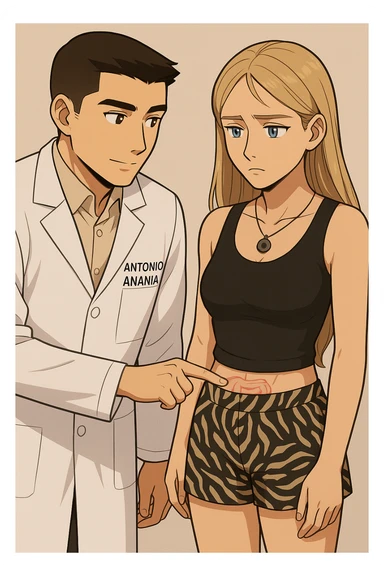 fai un webtoon/manga a colori con questo kinesiologo in camice bianco (fagli la scritta "ANTONIO ANANIA" SUL CAMICE) CHE PARLA CON QUESTA RAGAZZA CON GLI OCCHI AZZURRI. IL KINESIOLOGO CON IL CAMICE BIANCO LE TOCCA LA PANCIA CON UN DITO DOVE C'è L'INTESTINO. NON FARE I FUMETTI, FAI SOLO LORO COME SE DIALOGASSERO sticker