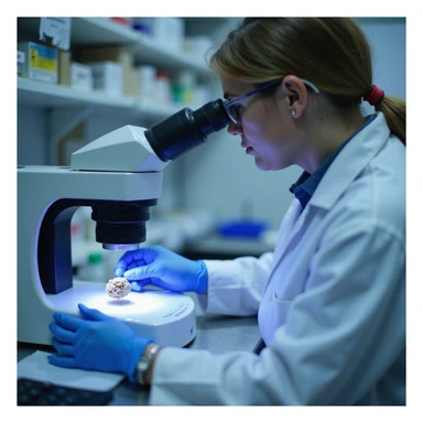 close-up of technician checking purity of dried pig thyroid powder with analytical instruments like spectrophotometer and slides, laboratory environment, cool lighting, 4K details sticker