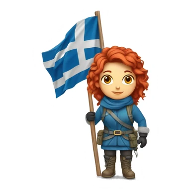 female winter mountaineer red hair holding greek flag sticker