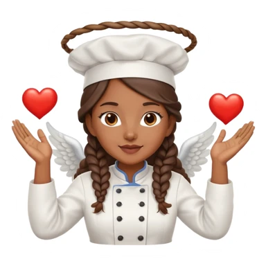Brown-skinned female chef with long braided brown hair, wearing a chef's hat, with both an angel halo and devil horns, making a heart shape with her hands sticker