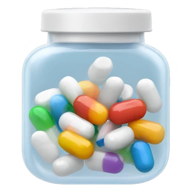 Small translucent plastic container with pills inside sticker
