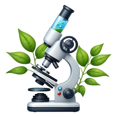 An icon featuring a microscope, a DNA strand, and plant leaves, symbolizing biology. The design includes cells, a test tube with a plant sample, representing life sciences, ecosystems, and the study of organisms. Transparent background highlights the exploration of living systems. sticker