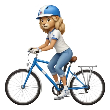 friendly anthropomorphised female lion wearing a baseball shirt, jeans, trainers, and a cycling helmet, cycling a bike sticker