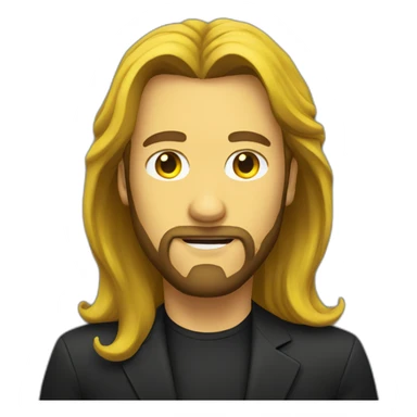 A man with long hair, a beard and a black shirt behind a yellow suit sticker