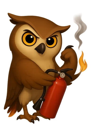 Точно такая же картинка и поза, только в другом крыле сова держит огнетушитель, хвост совы слегка подгорел и от него идет дымок, прозрачный фон sticker