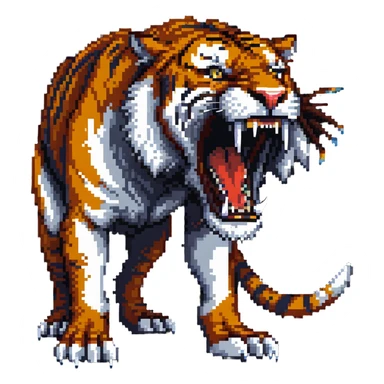 saber-toothed tiger with enormously long fangs, exaggerated canine teeth almost reaching the ground sticker