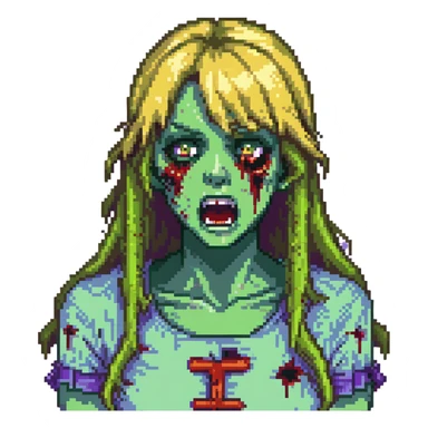 Zombie girl with green skin, bruised face, open mouth, long blonde hair with bangs sticker