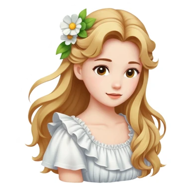  A girl with a half-up half-down hairstyle, and a white ruffled top, enjoying the spring breeze. sticker