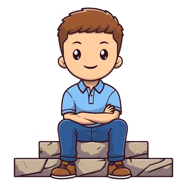 Young man with light skin and short brown hair sitting on stone steps, wearing white polo shirt with blue details and jeans sticker