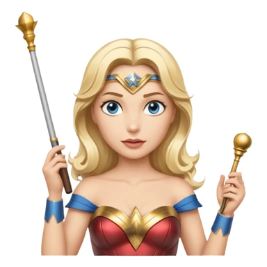 Blonde blue eyed Wonder Woman holding white orchestra conductor’s baton and bell sticker