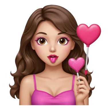 girl with long wavy brown hair, brown eyes, long lashes makeup, sexy pink lips, light to medium complexion, wearing a pink sexy top, blowing a kiss, heart lillipop sticker