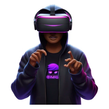 Donald Trump wearing a black hoodie with "OMG" letters on it and VR headset oculus quest 2 in a cyberpunk VR environment with violet neon lighting. sticker