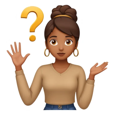 A brown girl with her arms out and question mark  sticker