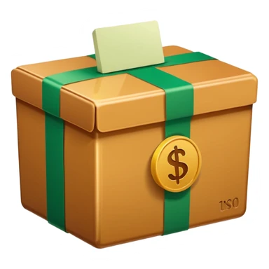 Closed box facing forwards with semi rounded edges Light honey‑brown tape strip with a glossy highlight green bill with a bold white dollar sign, anchored at the bottom left of the box create depth with slight shadows Plain white background for that crisp, emoji‑ready finish sticker