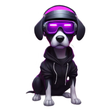 funny dog wearing a black hoodie with "OMG" letters on it and VR headset in a cyberpunk VR environment with violet neon lighting. sticker