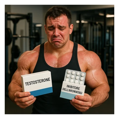 beginner bodybuilder with swollen muscles holding a box labeled 'Testosterone' and a package labeled 'Inibitore dell'aromatasi', regretful expression, red skin, all text in Italian, gym background, 4K quality sticker