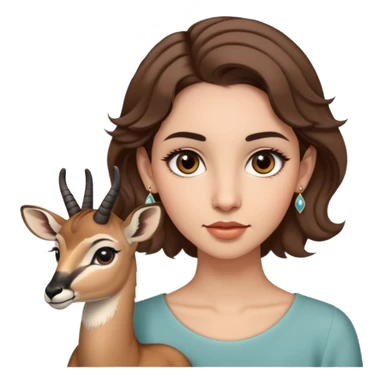 A girl with short wavy brown hair reaching her shoulders, straight eyebrows, big brown eyes, slightly kohled with long eyelashes, a normal nose, a normal mouth, and I want her holding a small gazelle and wearing delicate earrings.  sticker