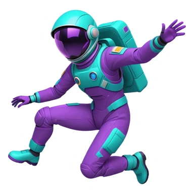 Stylized futuristic astronaut in mid-flight pose, sleek purple and neon teal suit, flat vector design, heroic silhouette, dynamic diagonal motion lines sticker