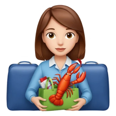 Cute girl brown hair on plane holding gift bag with lobster inside sticker