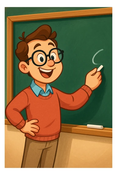 A cartoon teacher character with glasses, writing on a chalkboard, cheerful and animated. sticker