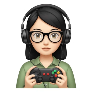 
gamer, woman shiny black hair no eyebrows with glasses, headphone, gamepad sticker