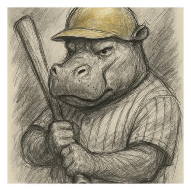 hippo holding a baseball bat, wearing a yellow helmet, pinstripes outfit sticker