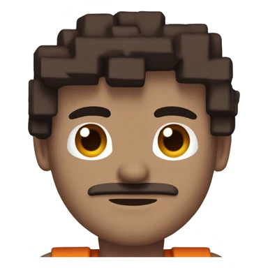 This blocky pixel art character has a large square head, dark brown hair, and a neutral expression. The body features a burgundy outfit with an orange-red pattern and blue detail, with brown arms and small dark legs. sticker