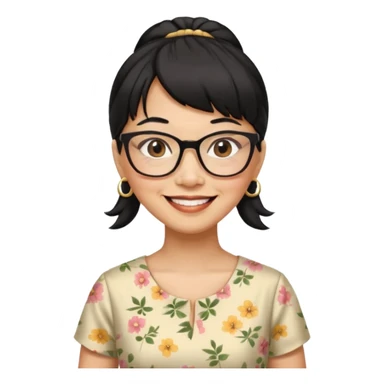 filipino woman black hair in one pony tail with straight bangs and big glasses, 60 yr old, nice dress

 sticker