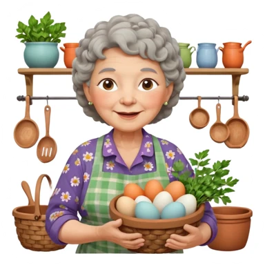 cheerful elderly rural woman, chubby cheeks, short curly gray hair, floral blouse, colorful apron, holding basket of eggs and herbs, pastel tones, expressive eyes, Chilean rural kitchen with clay pots, warm inviting lighting, clean vector look sticker