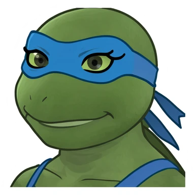 lady ninja turtle wearing blue eye mask eating cake with blue icing sticker