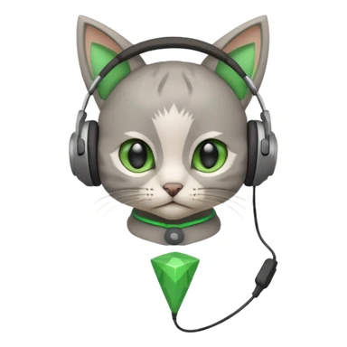 a small little grey kitten sitting on a seat and wearing headphones and there is a green rhombus over her head sticker