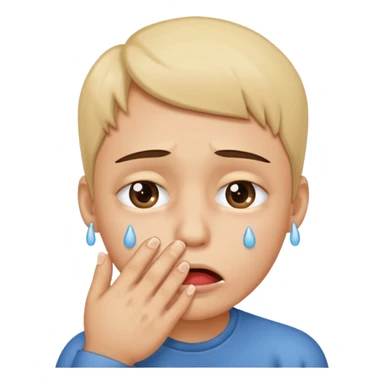 His eyes fill with tears and he bites his hand sticker