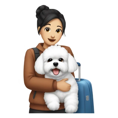 An Asian woman, with black hair in a bun, holding a cute and happy Bichon Frise at the airport  sticker