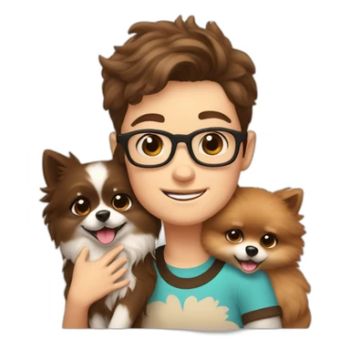 Boy in glasses and brown hair girl hug their cream color pomeranian  sticker