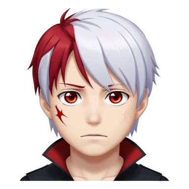 Shoto Todoroki face only, left side white hair, right side red hair, heterochromatic eyes, burn scar on left side of face, serious expression sticker