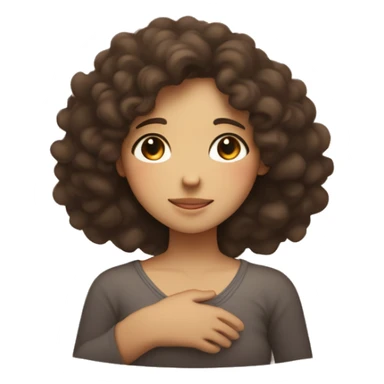 “Minimalist figure of a brunette girl with curly hair hugging herself, arms crossed over her chest. Her face shows closed eyes and a gentle smile, with a glowing circle at her chest symbolizing love and healing.” sticker