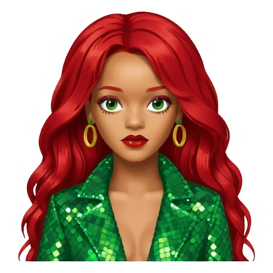 Rihanna with long red hair, green sequin outfit sticker