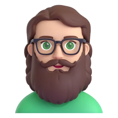 white male mid 30s green eyes black square glasses long brown beard with medium brown hair sticker