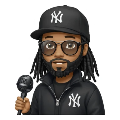 African American man with beardwith shoulder length black dreadlocks wearing black sunglasses with black bubble winter coat wearing black New York Yankees baseball hat rapping into a microphone sticker