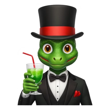 snake wearing suit, bowtie and top hat, holding a glass of green drink sticker