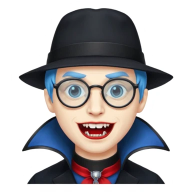 
vampire with blue hat,black coat with read collared ,teeth looks like vampire, with glasses sticker