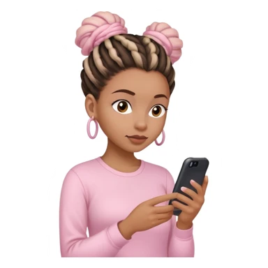 Dark brown woman wearing a light pink shirt and dreadlocks in bun texting on a Light pink phone sticker