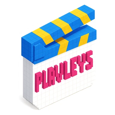 voxel style movie clapperboard, white body, blue and yellow lid, pink text 'PLAVLEYS', isometric view sticker
