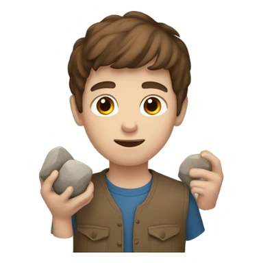 boy with brown hair and blue eyes. holding rocks sticker