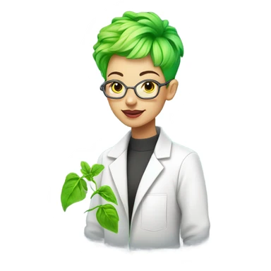 cybernetic scientist wearing a lab coat and holding a small plant, woman with neon green pixie cut with undercut sticker