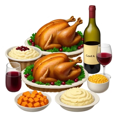 Thanksgiving Dinner with friends of all different races; have the food be a cooked turkey, mashed potatoes, corn, a basket of biscuits, a small bowl of cranberry sauce, baked yams, steamed vegetables, and a bottle of wine. sticker