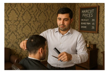 Draw me a picture of a barbershop that looks like this guy working in a barbershop. The barbershop doesn't have to be very modern. It should be on a medium floor. Also draw a blackboard on the wall. It should have the prices for haircuts there. sticker